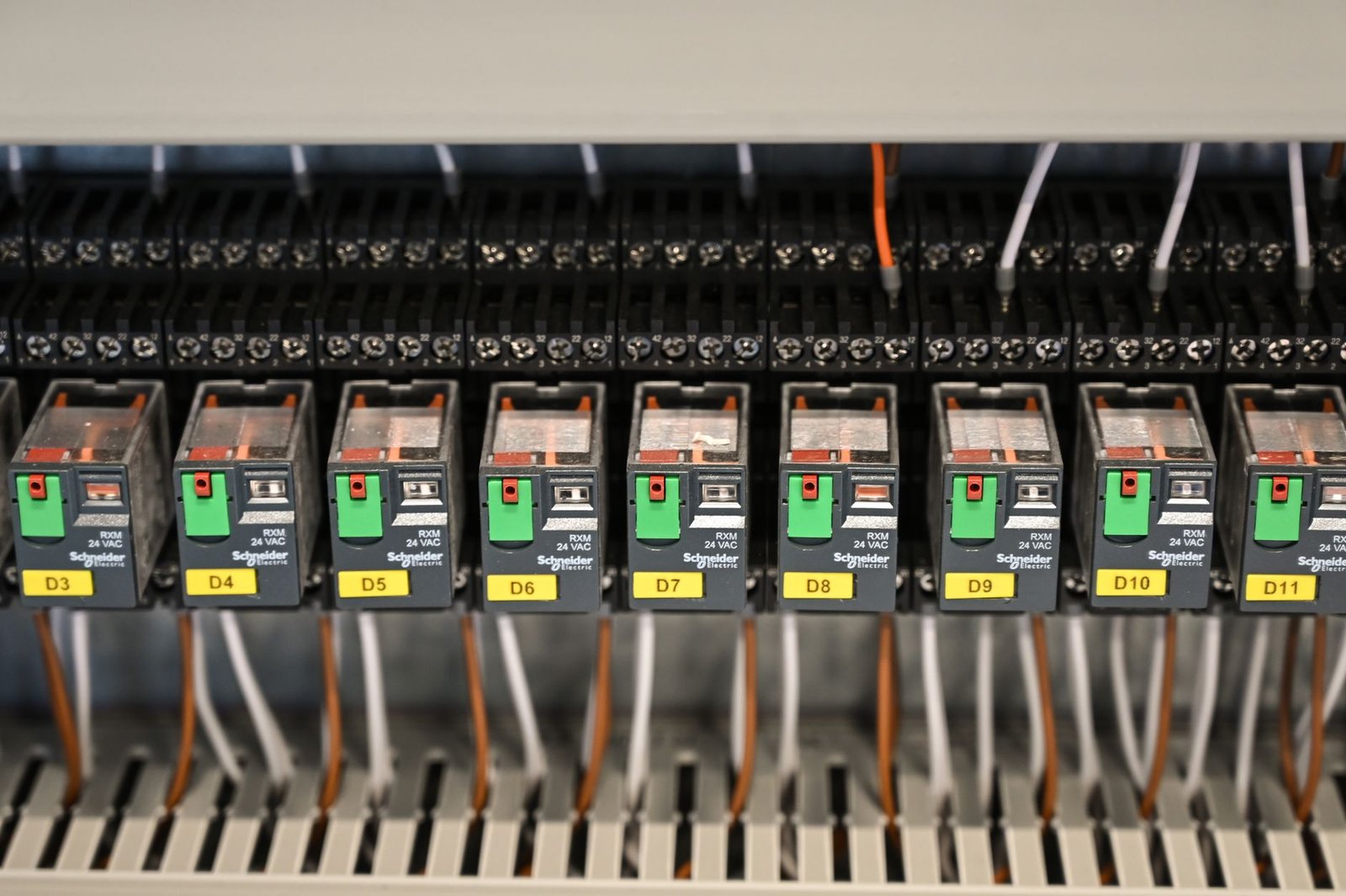Close up of circuit breaker switches inside an electrical panel
