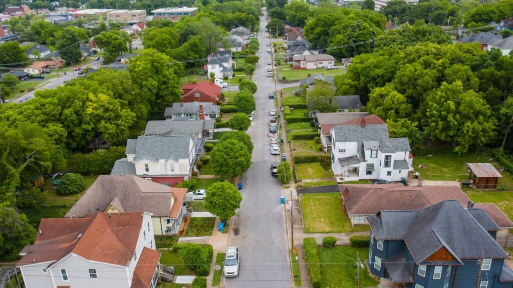Aerial view of a tree lined residential neighborhood in Montevallo, AL
