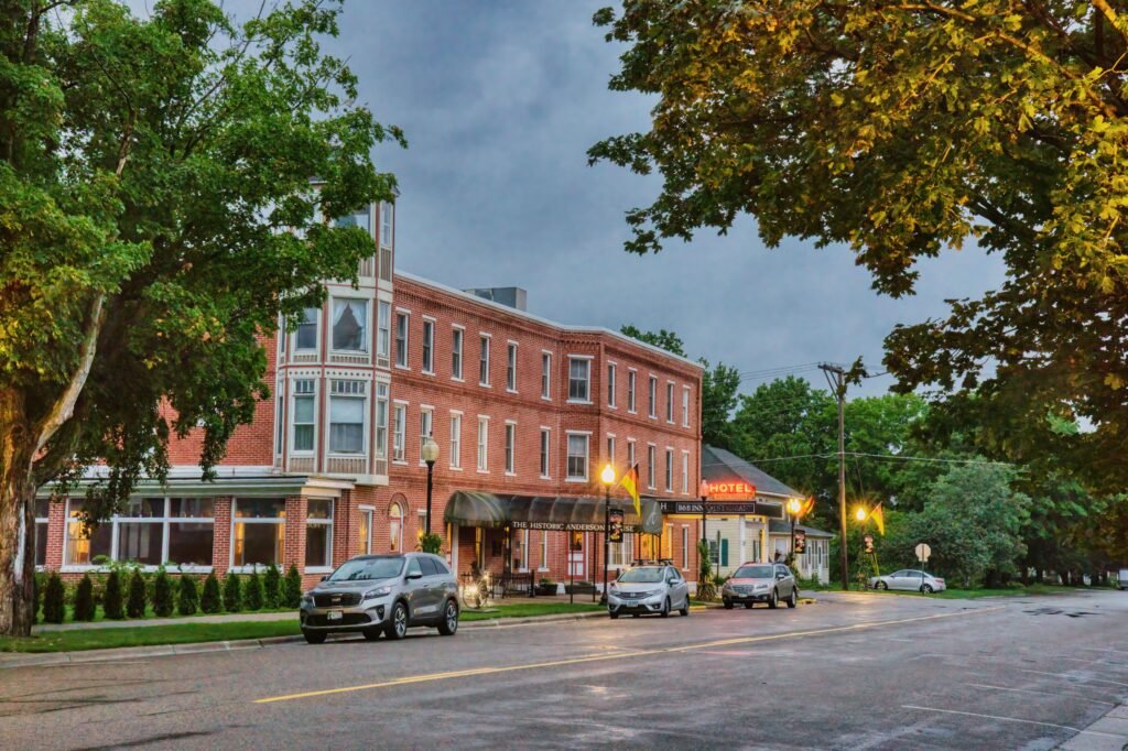 Historic small-town downtown street with old storefronts, similar to Springville, AL's historic district on the National Register