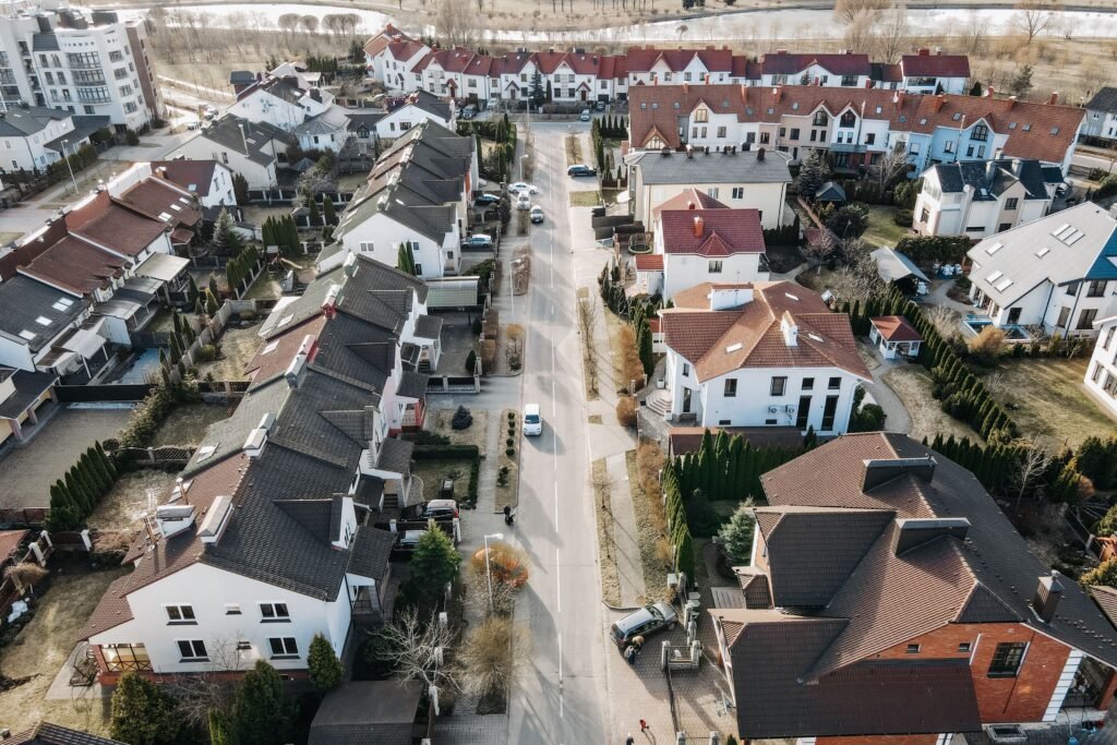 Aerial view of a suburban Pinson, Alabama neighborhood showing the mix of older and newer homes across the city
